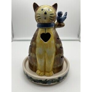 Kathy Hatch Ceramic Tabby Kitty Cat Bird Votive Tea-Light Candle Holder Figurine
